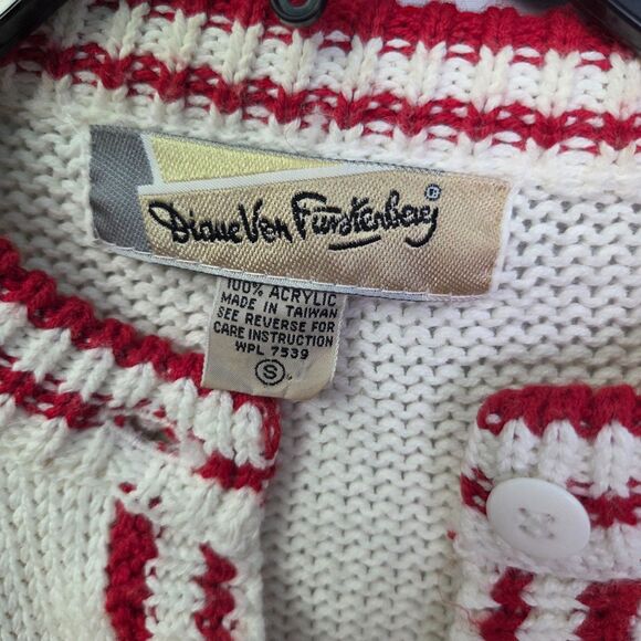 Vintage Diane Von Furstenberg Geometric Knit Sweater White Red Size Small - Picture 9 of 9